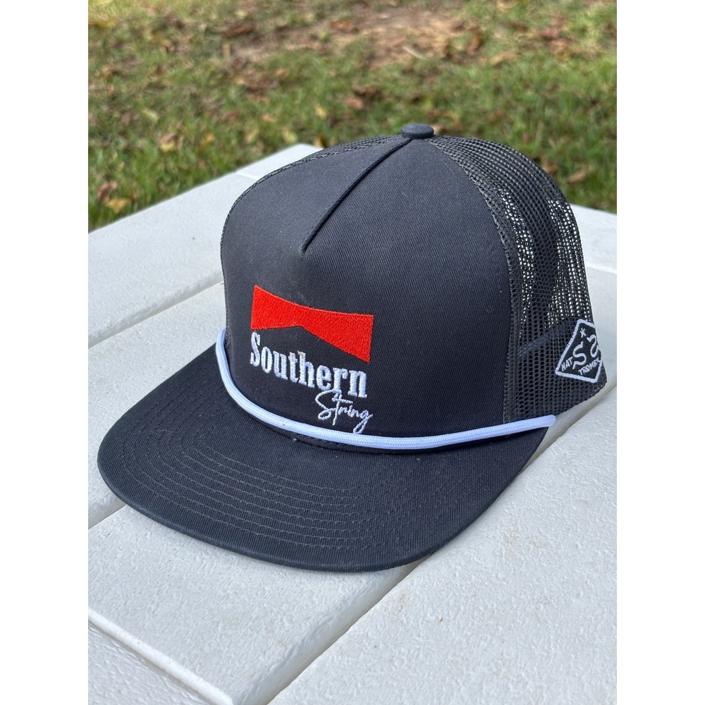 Southern String Hat Co Black Mesh Trucker Snapback Cap Rope Detail Logo Mens